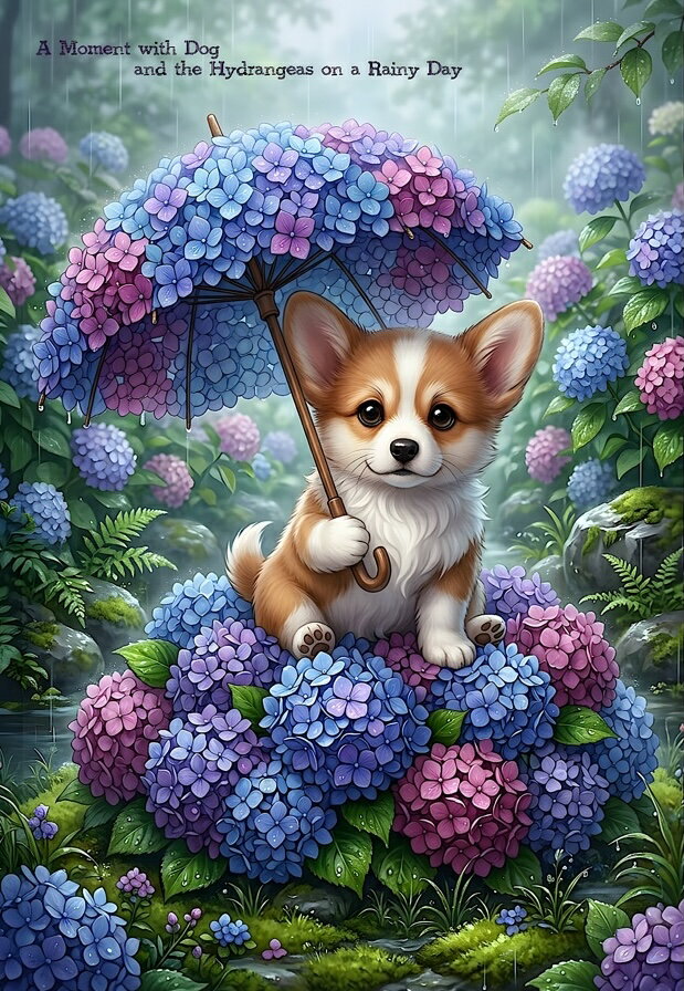 Rakuten - パネル生地 犬 コーギー紫陽花 梅雨 雨