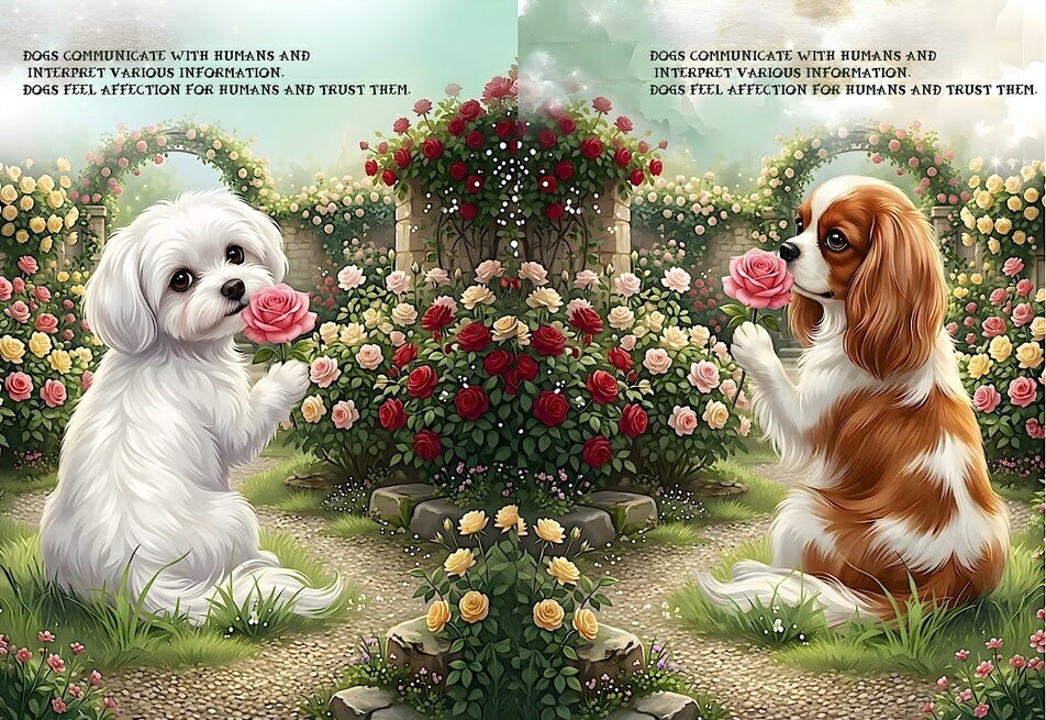 Rakuten - パネル生地 犬 マルチーズ キャバリアキングチャールズスパニエル 薔薇