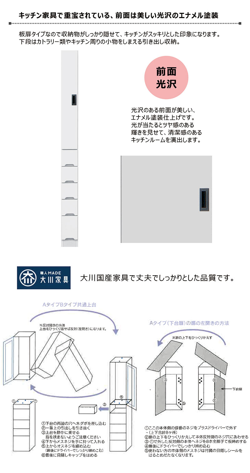 隙間収納 15cm 洗面所 キッチン 収納 引き出し 食器棚 スリム ランドリー収納 薄型 奥行40 キッチン収納棚 脱衣場 収納 棚 洗濯機 すきま収納 スキマ収納 右開き 左開き 板扉 白 ホワイト 光沢 艶 一人暮らし 清潔感 シンプル おしゃれ 省スペース 日本製 大川家具