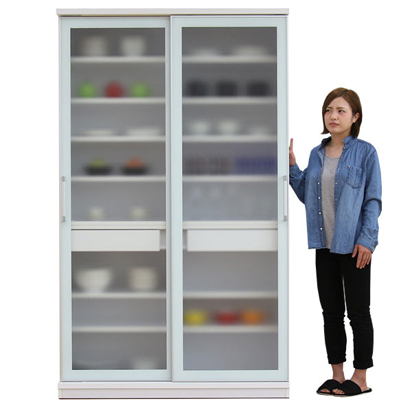 【11/1(土)ワンダフルデー 全品ポイント10倍】食器棚 引き戸 完成品 幅120cm 高さ200cm ミストガラス スライド式 ダイニングボード 大容量収納 引き戸付き食器棚 引き出し収納 キッチン 収納 白 ガラス扉 シンプル おしゃれ