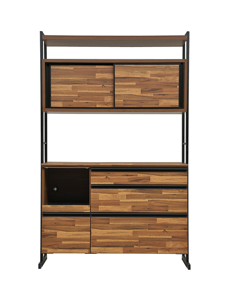 【マラソン期間中 全商品ポイント10倍】食器棚 引き戸 大川家具 脚付き アイアン キッチンボード レンジボード 大型レンジ 引き出し 大容量収納 アカシア風 ヴィンテージ ビンテージ風 レンジ台 大型レンジ対応 スライド ブラウン ブラック おしゃれ モダン カジュアル 国産