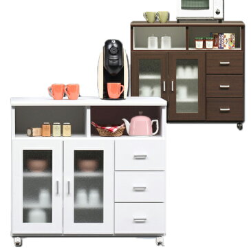 キッチンワゴン キッチンカウンター レンジ台 レンジボード 90幅 幅90 完成品 キャスター付き おしゃれ 北欧 キッチン収納 収納棚 ガラス扉 扉付き 開き戸 小物 木製 楽天 日本製 国産 家具通販 送料無料