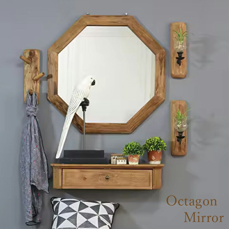 ミラー 鏡 壁掛け コンパクト ウォールミラー 八角形 壁掛けミラー アンティーク コンパクトミラー 玄関 鏡 八角鏡 八角ミラー リサイクルパイン 風水 開運 魔除け 八角 玄関 トイレ 洗面 古木 木製 おしゃれ ヴィンテージ ビンテージ ナチュラル 韓国 インテリア