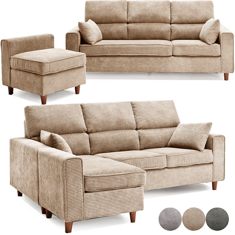 カウチソファ コーデュロイ 3人掛け コーデュロイソファー カウチソファー 三人がけ ソファー コーナーソファー l字 カフェ グレー 木製脚 ファブリック オットマン スツール チェア コーナーソファ 左右カウチ対応 おしゃれ 北欧 カジュアル モダン クッション2個付き