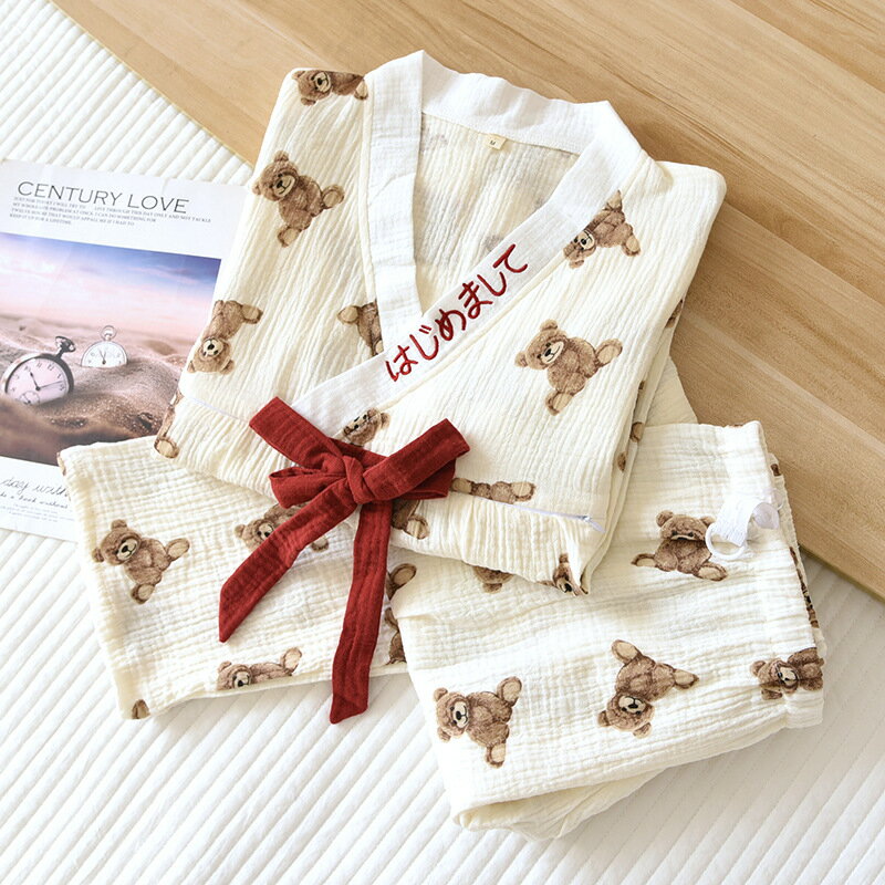 rico collection レディース パジャマ ガーゼ 授乳口付き 上下セット ブラウス ルームウェア マタニティウエア 綿 長袖 春 夏 ネグリジェ クマ柄 熊 柔らかい 部屋着 授乳期 授乳寝巻き 女性 婦人用 おうち 母の日 快適 入院 出産準備 産前産後 ウエスト調整 出産祝い 2