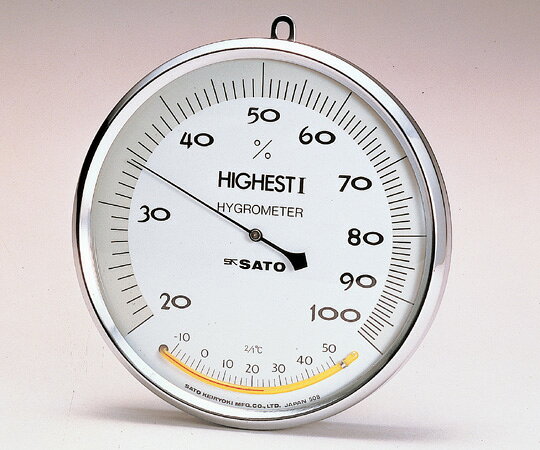 ●精度：温度／±2℃、湿度／±3％RH（40〜80％　at15〜25℃）・ ±5％（左記以外） ●サイズ：φ150×40mm　●重量：約280g 測定範囲（湿度／温度）:20〜100％RH／−10〜50℃ 最小目盛（湿度／温度）:1%RH/2℃【研究用総合機器カタログ】汎用機器・計測機器＞温度・湿度管理機器＞温湿度計 ●湿度センサに「毛髪」を使用し、正確で信頼性の高い湿度測定が可能です。