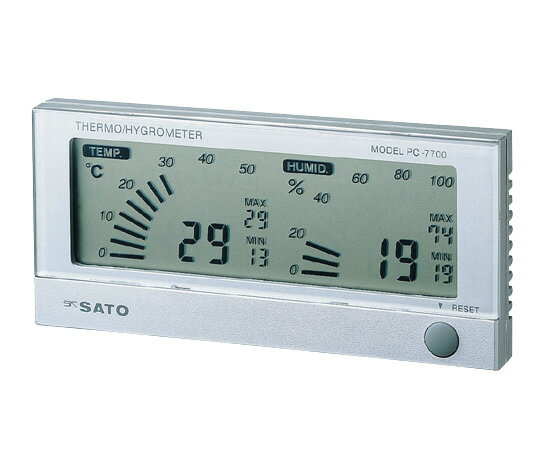 ●分解能（温度／湿度）：1℃／1％RH ●測定精度：温度±1℃（at10〜40℃）・±2℃（左記以外）、湿度±5％RH（at15〜35℃、40〜70％RH）・±7％RH（左記以外） ●材質：本体／ABS樹脂・アクリル樹脂（キーはゴム製） ●電源：単4マンガン乾電池（R03）×1本（付属） ●サイズ：148×68×19mm　 ●重量：約150g（電池含む） 型　番：PC-7700 測定範囲（温度／湿度）：−10〜50℃/20〜95%RH【研究用総合機器カタログ】汎用機器・計測機器＞温度・湿度管理機器＞温湿度計 ●スタンド付き、壁掛け式です。