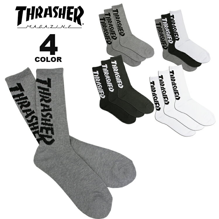 【全品P5倍 5/20 00:00から5/27 01:59まで】【公式】スラッシャー ソックス THRASHER MAG CREW SOCKS 3PAIRS 3足組 ハイソックス メンズ 靴下 フリーサイズ 25-27cm ロゴ入り 全4色