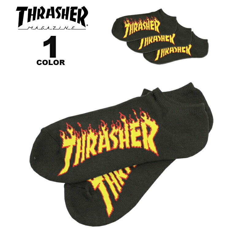 【全品P5倍 5/20 00:00から5/27 01:59まで】【公式】スラッシャー ソックス THRASHER FLAME ANKLE SOCKS 3PAIRS 3足組 ショート丈 くるぶし丈 メンズ 靴下 フリーサイズ 25-27cm ロゴ入り 黒 ブラック