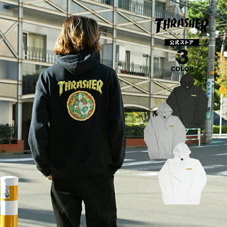 【SALE】 アウトレット スラッシャー パーカー THRASHER スウェット プルオーバー パーカ ミュータント ニンジャ タートルズ プリント メンズ レディース ユニセックス 裏起毛 スエット NINJA TURTLES PIZZA HOODIE SWEAT PARKA 全3色 M-XL 【公式】