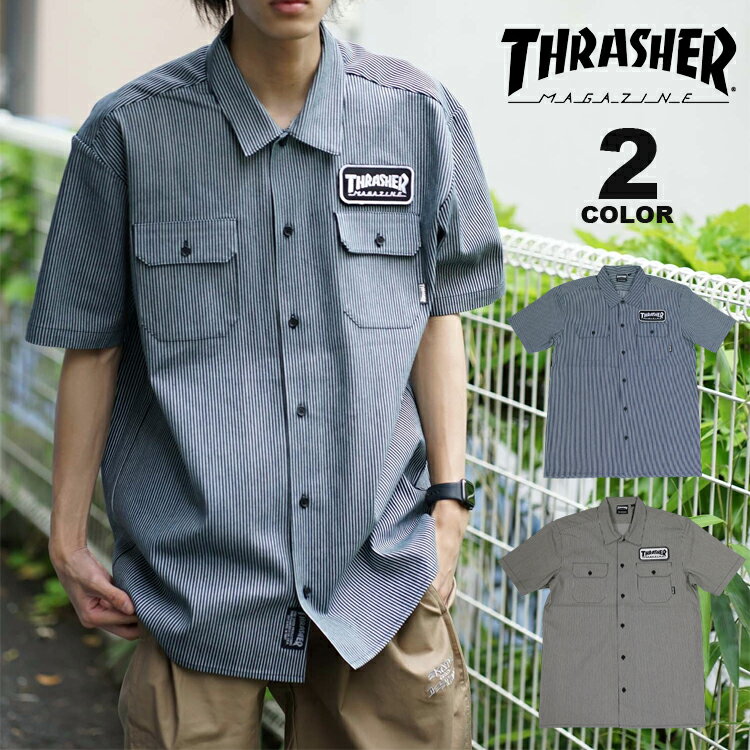 アウトレット  スラッシャー シャツ THRASHER MAG VELCRO PATCH S/S WORK SHIRTS 半袖シャツ ワークシャツ ストライプ メンズ レディース ユニセックス 全2色 M-XL