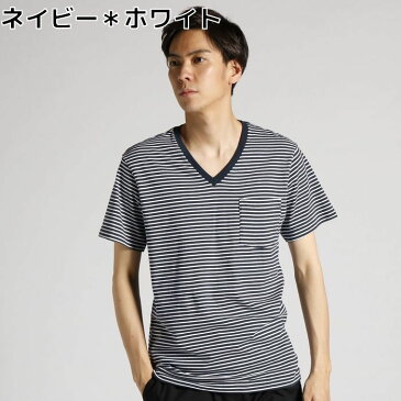 BASIC　INNER 【綿100%】胸ポケット付き天竺ボーダーVネック半袖Tシャツ メンズRight-on,ライトオン,BI384118003,BASIC　INNER,ベーシックインナー