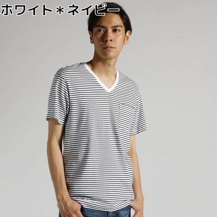 BASIC　INNER 【綿100%】胸ポケット付き天竺ボーダーVネック半袖Tシャツ メンズRight-on,ライトオン,BI384118003,BASIC　INNER,ベーシックインナー