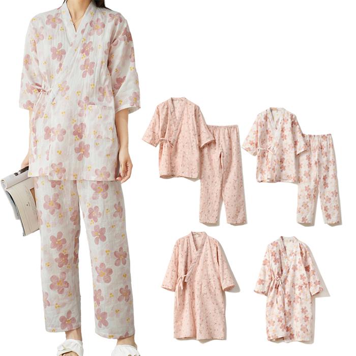 パジャマ ガウン 上下セット コットン 綿100％ 二重ガーゼ レディース バスローブ 前開き 吸水 お風呂..