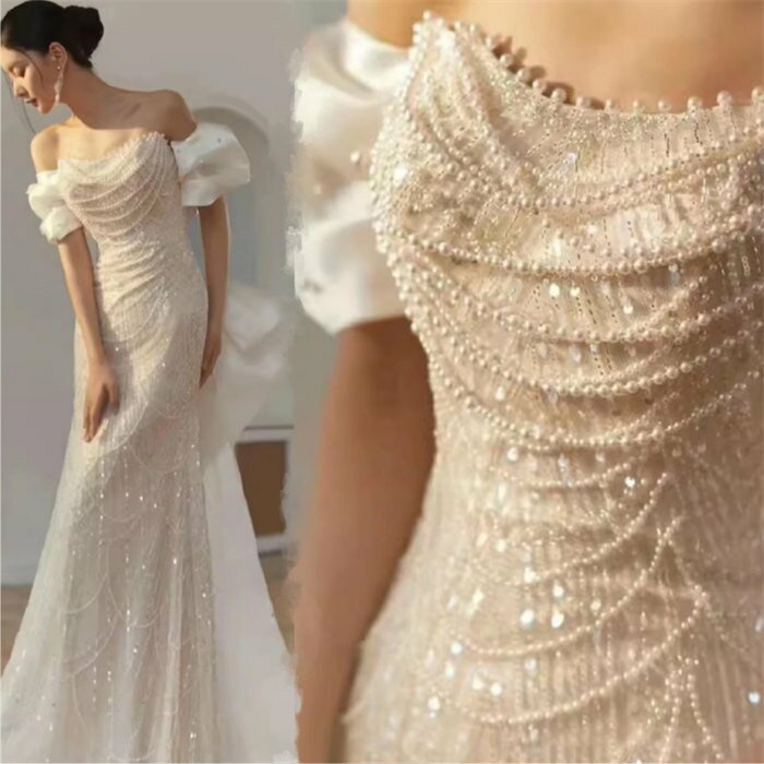 ホワイトロングウェディングドレスオフショルダー豪華花嫁結婚式披露宴フォマールドレスシンプルAラインウエディングドレスチュール可愛いブライドドレス発表会演奏会ドレス前撮りリボンパーティードレスXS〜XLサイズトレーンタイプ