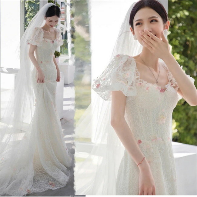 乐天商城 - ロングウェディングドレス花嫁結婚式披露宴フォマールドレスシンプルマーメイドウエディングドレスオフショルダーチュール可愛いブライドドレス発表会演奏会ドレス前撮り後取りパーティードレスXS〜2XLサイズ立体花
