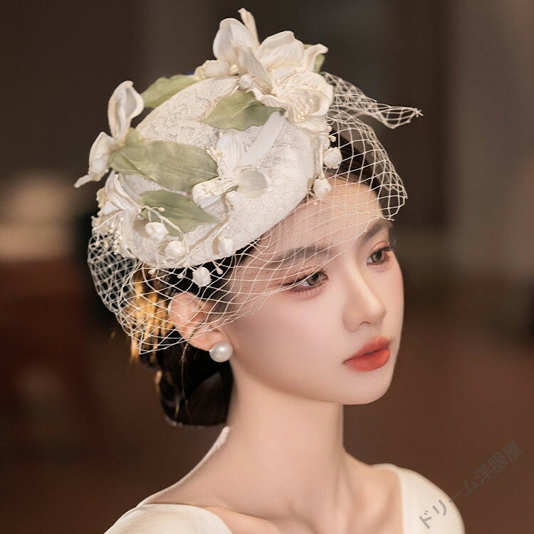 绅士帽 - 礼装帽子ホワイト白カクテル帽花飾りトーク帽ベール付きフォーマルウェディングヘッドドレスレディースパーティー撮影花嫁ウエディング用ドレスと合わせて