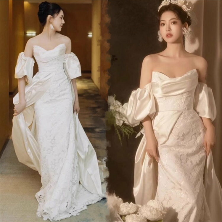 ロングウェディングドレスオフショルダー総レース花嫁結婚式披露宴フォマールドレスシンプルAラインウエディングドレスチュール可愛いブライドドレス発表会演奏会ドレス前撮りリボンパーティードレスXS〜2XLサイズトレーンタイプ