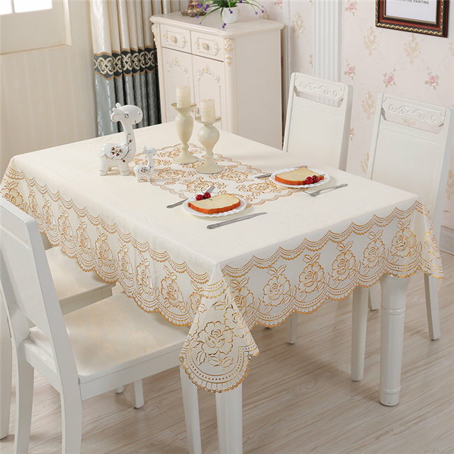 Rakuten - ホワイト/ゴールドテーブルクロステーブルカバー食卓カバー洋風撥水贅沢感ビニール花柄撥油汚れ対策おしゃれきれいめ北欧田園風食卓カバーPVC製ダイニングテーブル長方形おしゃれ優雅エレガント120*160CM/135*180CM/140*200CM