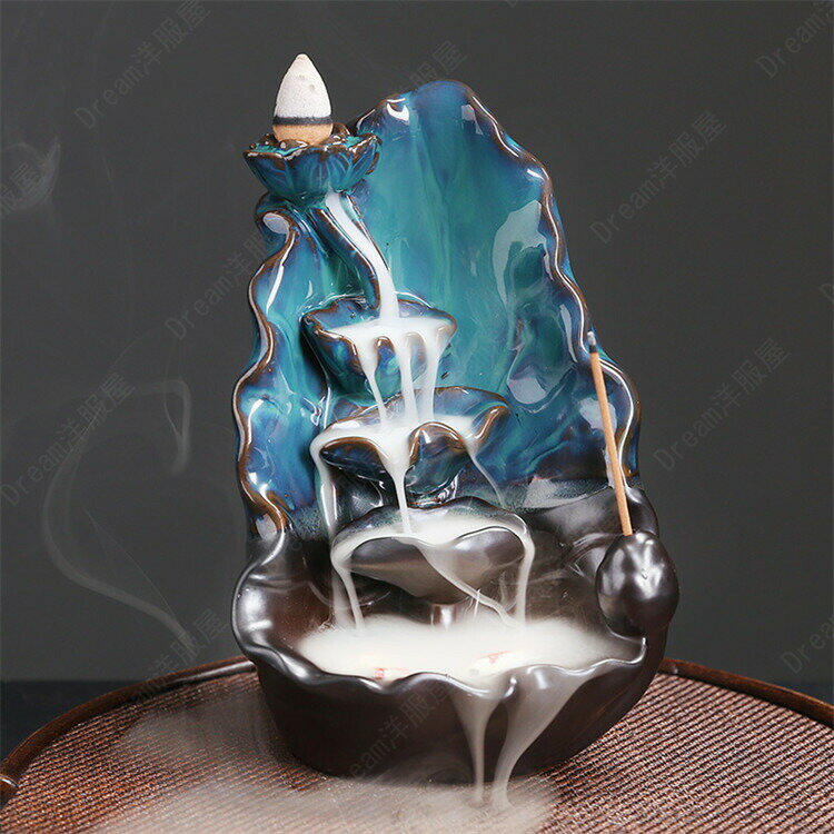 incense Burners - 倒流香用香炉瀑布滝壺蓮の花倒流香用香炉瞑想幻想的煙倒流香香炉インテリアオブジェ陶器風水置き物置物香立て線香おしゃれかわいいお香立て線香立て仏具お線香贈り物流川香工芸品クリエイティブブルー