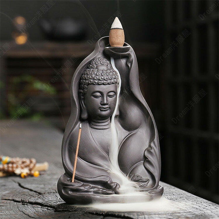 incense Burners - 倒流香用僧如来仏倒流香用香炉瞑想仏陀エネルギーワーク幻想的煙倒流香香炉インテリアオブジェ陶器風水置き物置物香立て線香おしゃれかわいいお香立て線香立て仏具お線香贈り物流川香クリエイティブ工芸品