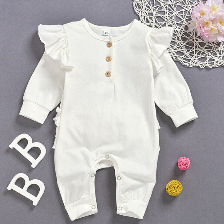 ベビー服女の子ロンパースズボン肩おしりフリルかわいいホワイトピンク子供用baby...
