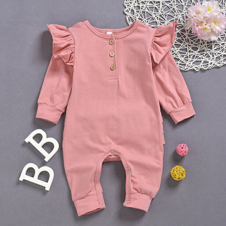 ベビー服女の子ロンパースズボン肩おしりフリルかわいいホワイトピンク子供用baby...