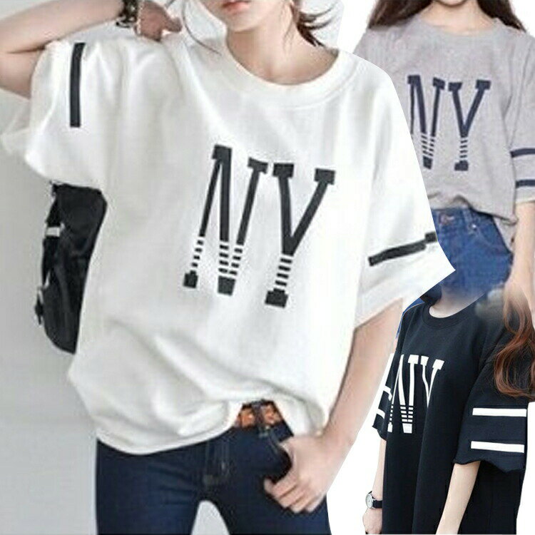 お買い物マラソンtシャツレディース春夏秋冬半袖5分袖ドルマン袖nyロゴクルーネックカジュアルおしゃれゆったり大きいサイズ全3色m-2xl