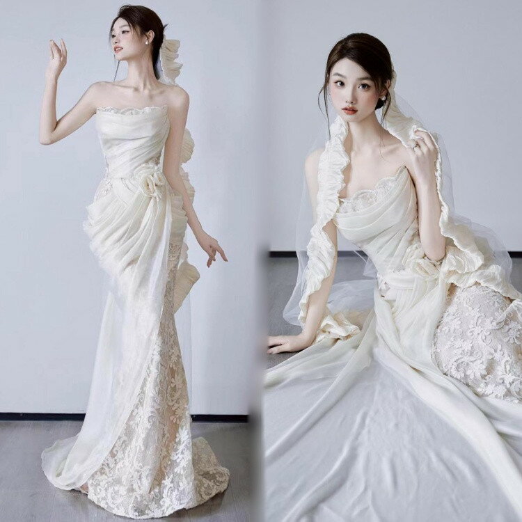 Rakuten - ホワイトロングウェディングドレスビスチェ豪華花嫁結婚式披露宴フォマールドレスシンプルマーメイドウエディングドレスチュール可愛いブライドドレス発表会演奏会ドレス前撮りリボンパーティードレスXS〜2XLサイズトレーンタイプ
