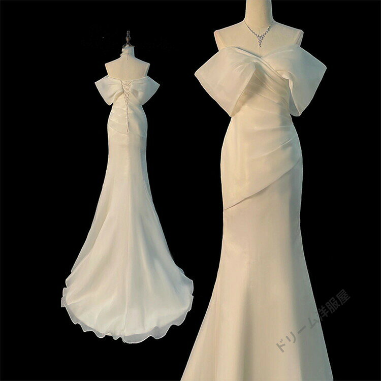 ホワイトウェディングドレスウエディングドレスリボンオフショルダーAラインロングドレス編み上げタイプxs〜xxlWeddingDressお花嫁結婚式旅行撮影演出レディースウェディングドレスエレガントパーティードレス