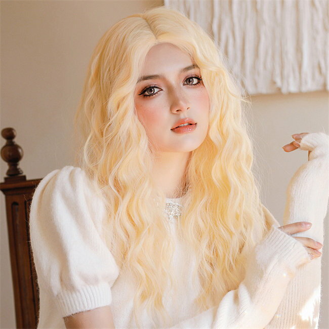 ゴールドウイッグ63cm長髪ロングロリータ原宿風つけ毛卷毛可愛いロング耐熱ウィッグコスチューム仮装自然ナチュラルイベント文化祭普段使いかつらレディースウィッグアッシュ日常ウェーブ大人用