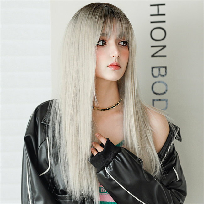 ブラックシャンパン62cm長髪ロングロリータ原宿風つけ毛ストレートぱっつん前髪可愛いロング耐熱ウィッグコスチューム仮装自然ナチュラルイベント文化祭普段使いかつらレディースウィッグアッシュ日常ウェーブ大人用
