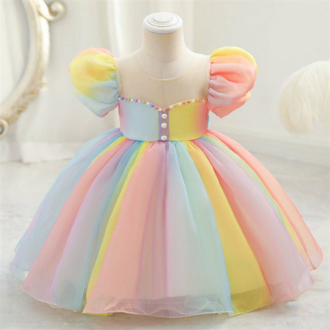 Rakuten - レインボーミニドレスキッズドレス子供ドレスプリンセスショート丈半袖フォーマルドレスワンピースキッズ服子供服女の子子ども発表会七五三演出舞台結婚式卒業園入園式ピアノ80-130CM