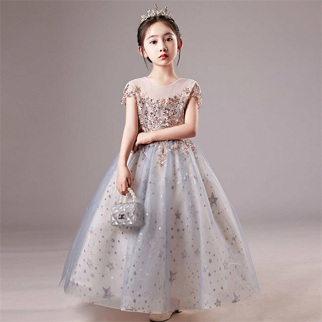 Rakuten - グレー半袖ロングドレスキッズドレス子供ドレスラメフォーマルドレスワンピースキッズ服子供服女の子子ども発表会七五三演出舞台結婚式卒業園入園式ピアノ110-160CMキラキラ豪華