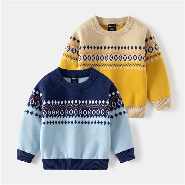 Rakuten - イエロー/ネイビーニットセーター長袖セーターアーガイル柄ニットセーター供服キッズセーター秋冬物パーカー可愛いサンタ服トップストレーナースウェット長袖キッズ女の子男の子こども服子ども服トップス90-130CM通園通学送料無料