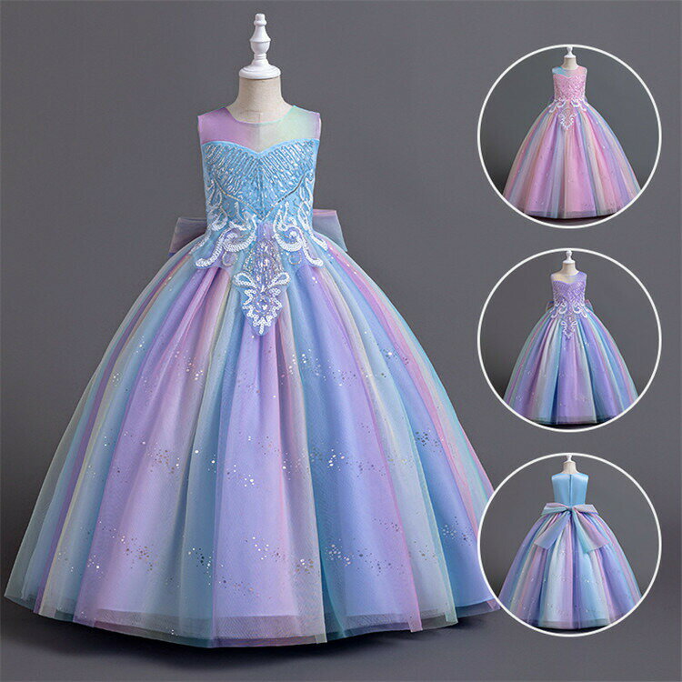Rakuten - 3色展開ノースリーブロングドレスキッズドレス子供ドレスフォーマルドレスワンピースキッズ服子供服女の子ワンピース子ども発表会七五三演出舞台結婚式卒業園入園式ピアノ100-150CMレインボーラメキラキラ