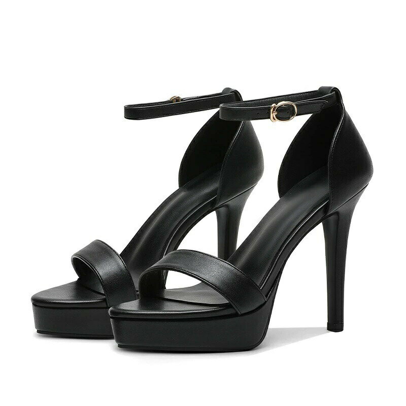 Spike Heels - サンダルレディースストラップハイヒールピンヒール黒12.5cmヒール痛くないシンプル歩きやすいハイヒール足首ストラップブラックスエードレザー合成皮革通勤厚底サンダル22cm〜25cm