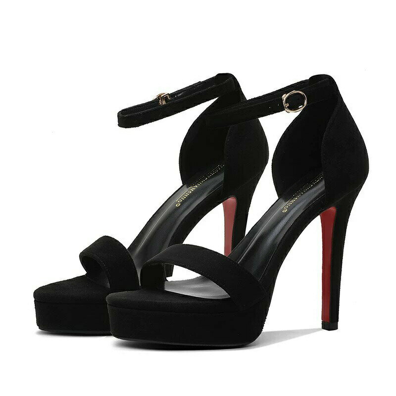 Spike Heels - サンダルレディースストラップハイヒールピンヒール黒12cmヒール痛くないシンプル歩きやすいハイヒール足首ストラップブラックスエードレザー合成皮革通勤厚底サンダル22cm〜25cmパイル