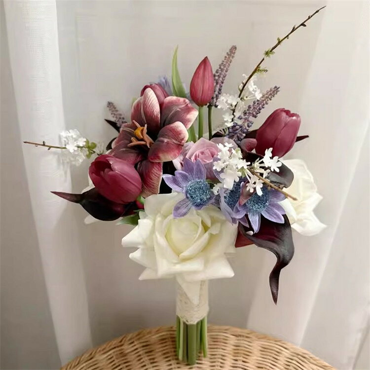 パープルブーケローズチューリップ薔薇花束オランダカイウブーケブーケウェディングブーケ/造花ブーケ/ブライダルブーケ/ラウンドブーケ/トスブーケ/結婚式/花束卒業入学壮瞥父の日お中元ひな祭り桃の節句誕生日花ギフトお供え開店祝い