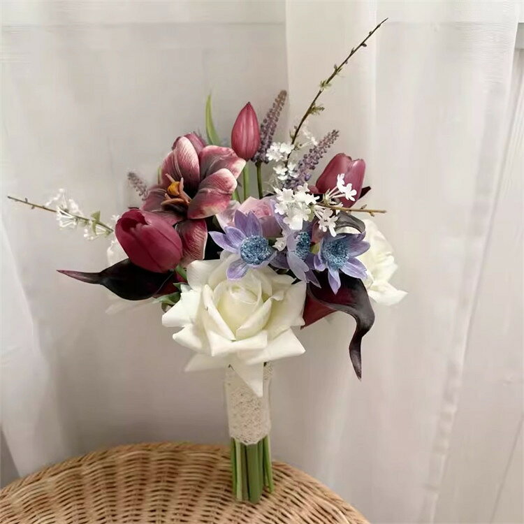 パープルブーケローズチューリップ薔薇花束オランダカイウブーケブーケウェディン...