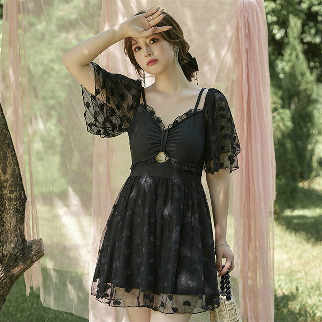 Dresses - 黒/白パッド付きマタニティワンピース妊婦服妊婦水着フリル袖おしゃれVネックきれいめ産前産後兼用パンツ付き大きいサイズ体型カバーレディース水着カップ付きXL-2XLサイズ展開レース