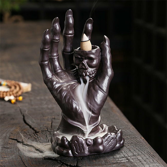 incense Burners - 倒流香用手髑髏倒流香用香炉幻想的煙倒流香香炉インテリア陶器風水置き物置物香立て線香おしゃれかわいいお香立て線香立て仏具お線香贈り物流川香香炉逆流香バーナー陶器製セラミックブルー/ブラウンギフトプレゼント