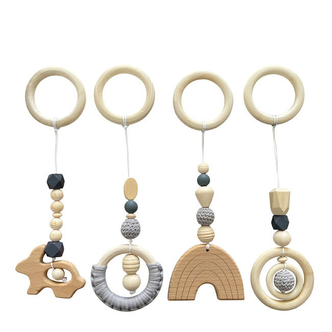 Baby Gym - 6色展開ベビージム木製ぶら下げおもちゃ4点セット赤ちゃん木製レタービーズ綿糸木製リングティーザー子供用フィットネス機器ペンダントフィットネスフレーム装飾ぶら下げ知育玩具