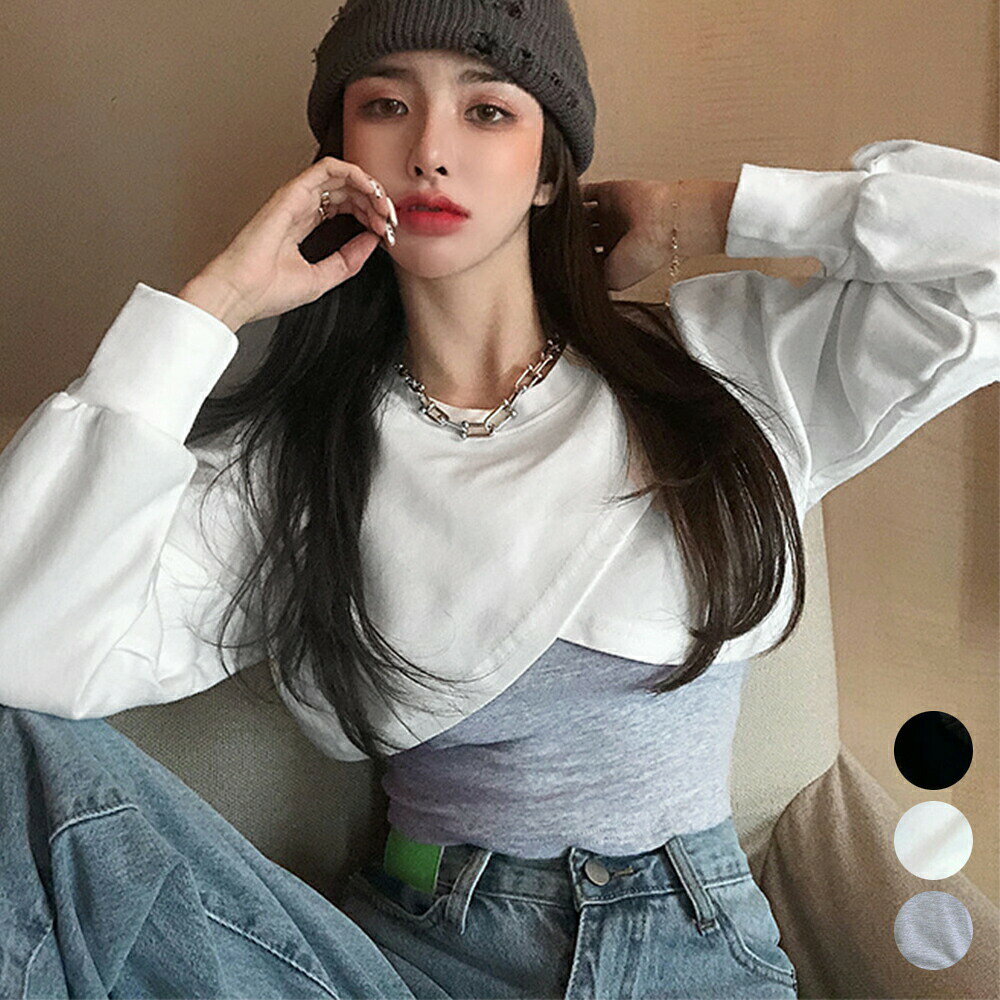 スウェットTシャツセットアップお洒落春秋トップスレディース2点セットショート丈ボリューム袖スウェット女子可愛いカジュアル長袖クロップド丈クールタンクトップ無地お洒落カットソーダンス衣装練習着ブラックライトグレーホワイト