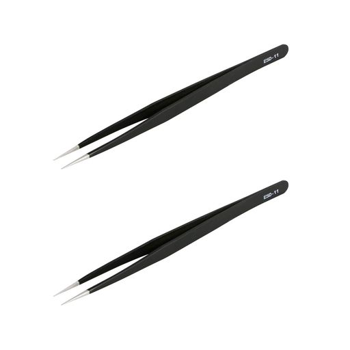 AOJE-LINK ESD-11プロフェッショナル帯電防止精密技術ピンセット、非磁性ファインチップストレート、ステンレス鋼プラスチックコーティング、全長142MM、黒、2個