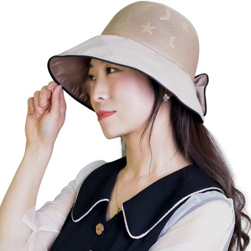 [IFSUN] UVカット レディースハット 帽子 春夏 紫外線対策 UPF50+ つば広 あご紐 折りたたみ おゃれ リボン 小顔効果 アウトドア 自転車 海 ビーチ カーキ 