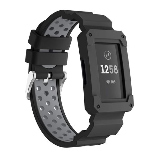 GOSETH FITBIT CHARGE 4/FITBIT CHARGE 3用バンド ケース付き 飛散防止保護フレーム付きシリコンストラップ FITBIT CHARGE 3/SE/CHARGE 4およびスペシャルエディション用 (ブラック&グレー)