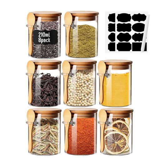 SPICE JARS WITH LABEL 8OZ GLASS STORAGE CONTAINERS WITH LIDS AND SPOON...