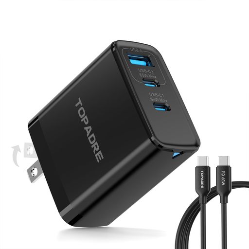 TOPADRE PD 充電器 65W ケーブル付き USB充電器 急速充電 タイプC 3ポート USB-C×2 USB-A×1 PD3.0 PPS QC3.0規格対応 GAN採用 黒色 折りたたみ式プラグ コンパクトデザイン WINDOWS PC