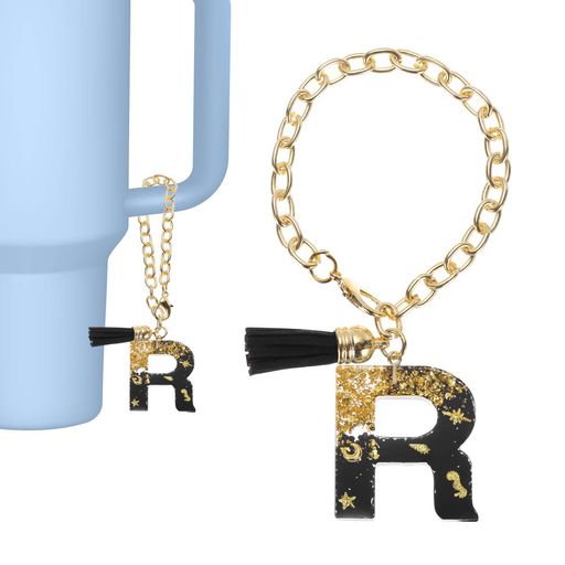 [PATIKIL]スタンレータンブラーカップ用レター装飾アクセサリーレターRキーチェーンハンドル装飾かわいいイニシャルレターとタッセル女性用タンブラーカップハンドル黒(3)